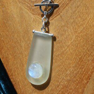 Beach Glass and Rainbow Moonstone Sterling Silver Pendant